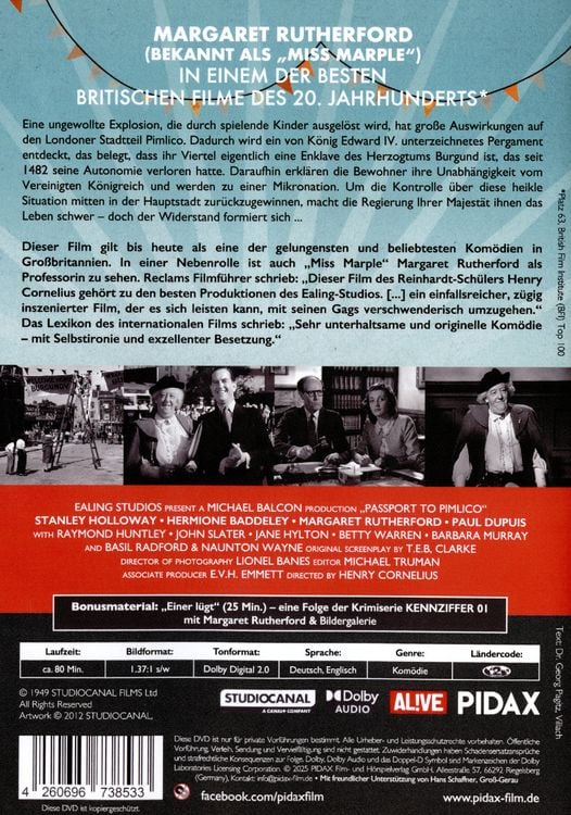 Produktbild: Blockade in London (Passport to Pimlico) / Originelle Kom&ouml;die mit Margaret Rutherford (bekannt als &bdquo;Miss Marple&ldquo;) (Pidax Film-Klassiker)