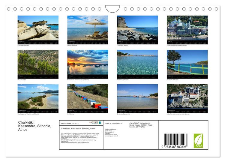 Produktbild: Chalkidiki: Kassandra, Sithonia, Athos (Wall Calendar 2026 DIN A4 landscape), CALVENDO 12 Month Wall Calendar