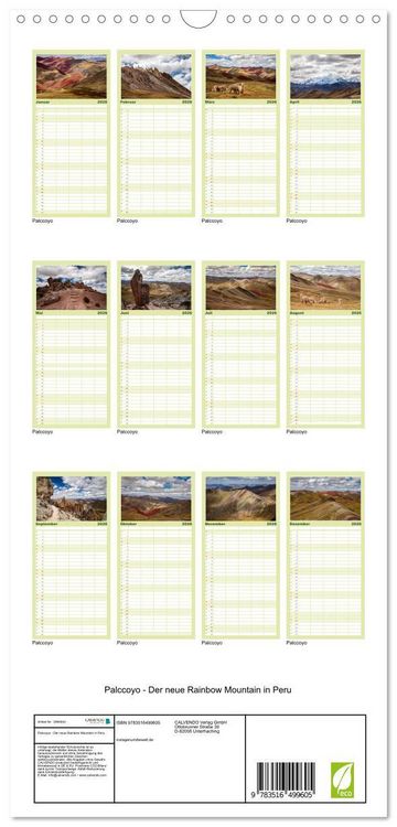 Produktbild: Familienplaner 2026 - Palccoyo - Der neue Rainbow Mountain in Peru mit 5 Spalten (Wandkalender, 21 x 45 cm) CALVENDO