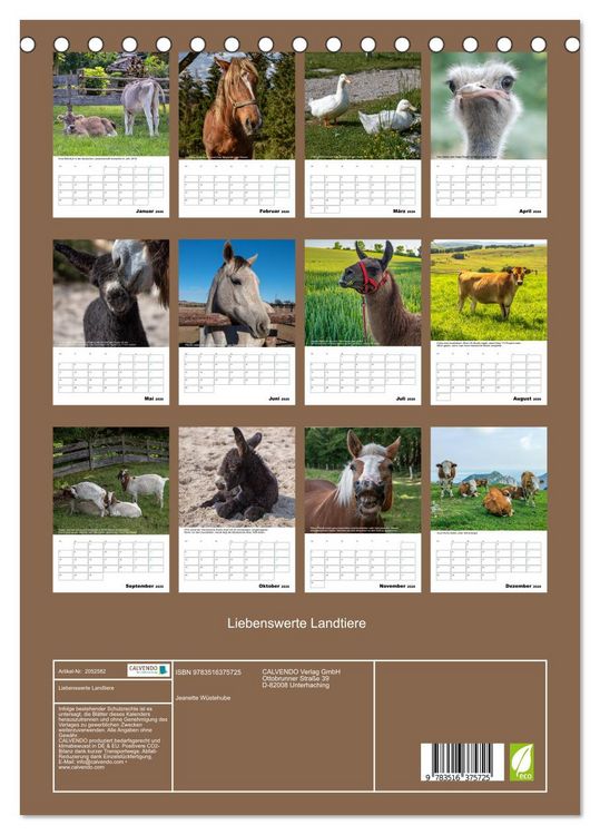 Produktbild: Liebenswerte Landtiere (Tischkalender 2026 DIN A5 hoch), CALVENDO Monatskalender