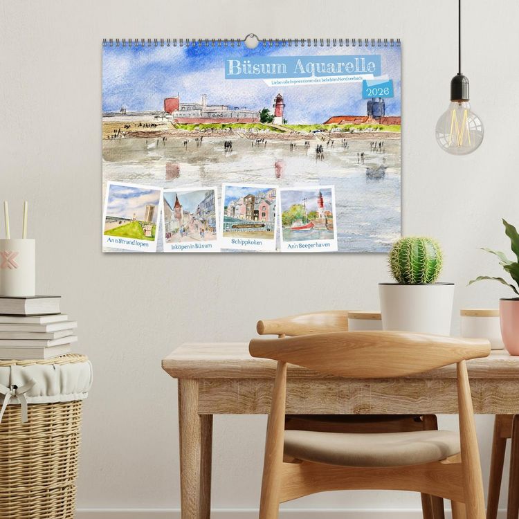 Produktbild: B&uuml;sum Aquarelle - Liebevolle Impressionen des beliebten Nordseebads (Wandkalender 2026 DIN A3 quer), CALVENDO Monatskalender