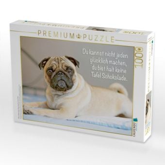Produktbild: CALVENDO Puzzle Mops Welpe liegt v&ouml;llig relaxed auf dem Bett | 1000 Teile Lege-Gr&ouml;&szlig;e 64x48cm Foto-Puzzle f&uuml;r gl&uuml;ckliche Stunden