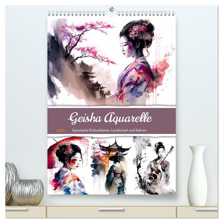 Produktbild: Geisha Aquarelle - Japanische Kulturdamen, Landschaft und Sakura (hochwertiger Premium Wandkalender 2026 DIN A2 hoch), Kunstdruck in Hochglanz