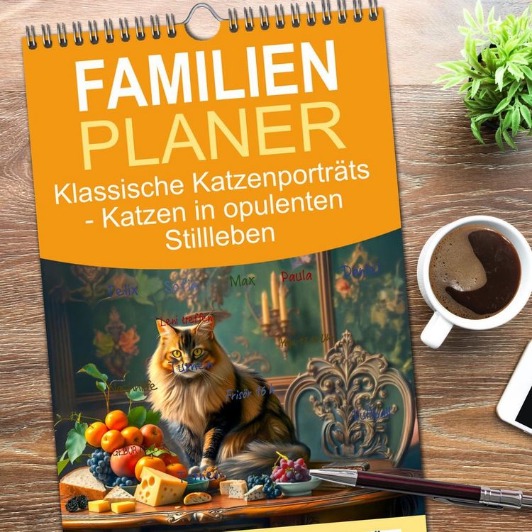 Produktbild: Familienplaner 2026 - Klassische Katzenportr&auml;ts - Katzen in opulenten Stillleben mit 5 Spalten (Wandkalender, 21 x 45 cm) CALVENDO