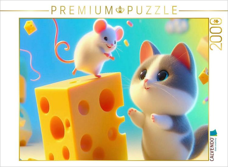 Produktbild: CALVENDO Puzzle Katz und Maus teilen sich ein gro&szlig;z&uuml;giges St&uuml;ck K&auml;se, ein seltenes Bild der Harmonie in der Tierwelt | 2000 Teile Lege-Gr&ouml;&szlig;e 90x67cm Foto-Puzzle f&uuml;r gl&uuml;ckliche Stunden