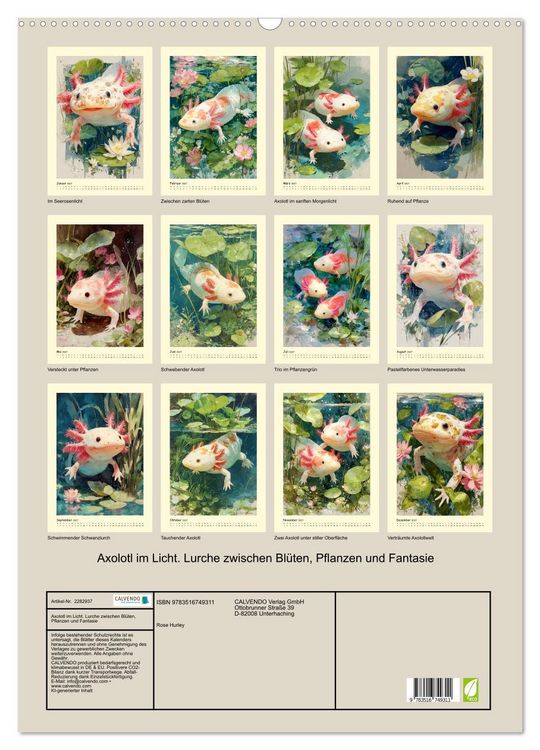 Produktbild: Axolotl im Licht. Lurche zwischen Bl&uuml;ten, Pflanzen und Fantasie (Wandkalender 2027 DIN A2 hoch), CALVENDO Monatskalender