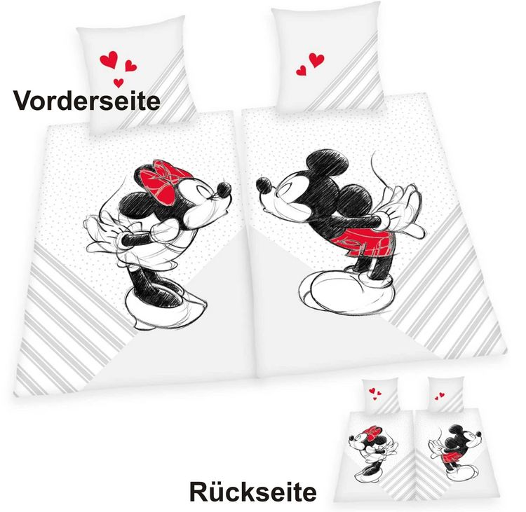 Produktbild: Herding 4478480250 - Disney Mickey & Minnie Mouse Partnerbettw&auml;sche, Bettw&auml;sche-Set, 2x80x80cm und 2x135x200cm