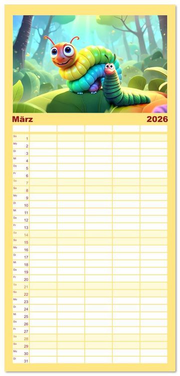 Produktbild: Familienplaner 2026 - W&uuml;rmchen Zauber mit 5 Spalten (Wandkalender, 21 x 45 cm) CALVENDO