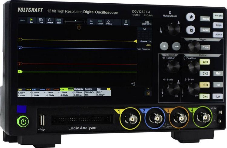 Produktbild: VOLTCRAFT DOV1254 LA Digital-Oszilloskop 125 MHz 4-Kanal 1.25 GSa/s 100 Mpts 12 Bit Digital-Speicher (DSO), Logic-Analyser 1 St.