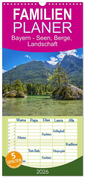 Produktbild: Familienplaner 2026 - Bayern - Seen, Berge, Landschaft mit 5 Spalten (Wandkalender, 21 x 45 cm) CALVENDO