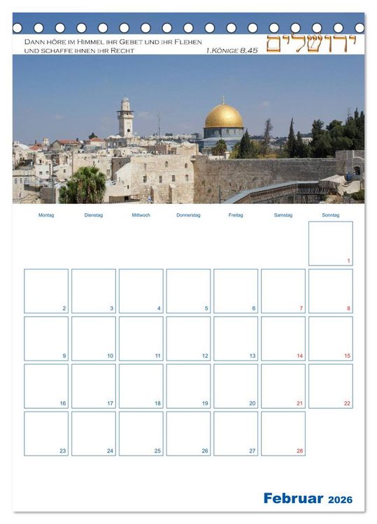 Produktbild: Jerusalem Kalender mit Bibelworten und Planer! (Tischkalender 2026 DIN A5 hoch), CALVENDO Monatskalender