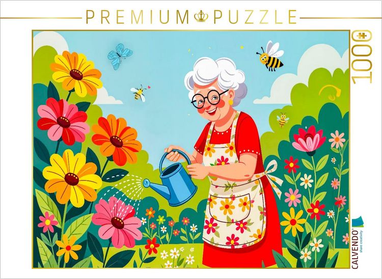 Produktbild: CALVENDO Puzzle Oma gie&szlig;t bunte Blumen im Garten mit voller Freude | 1000 Teile Lege-Gr&ouml;&szlig;e 64x48cm Foto-Puzzle f&uuml;r gl&uuml;ckliche Stunden