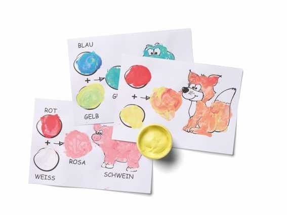 Produktbild: KREUL MUCKI Farben Spiel Kiste, 5 x 50 ml Fingermalfarbe, Wir mischen, malen, tupfen