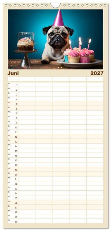 Produktbild: Familienplaner 2027 - Lustige Mops-Hunde: Die charmanten Meister von Chaos und Unfug mit 5 Spalten (Wandkalender, 21 x 45 cm) CALVENDO