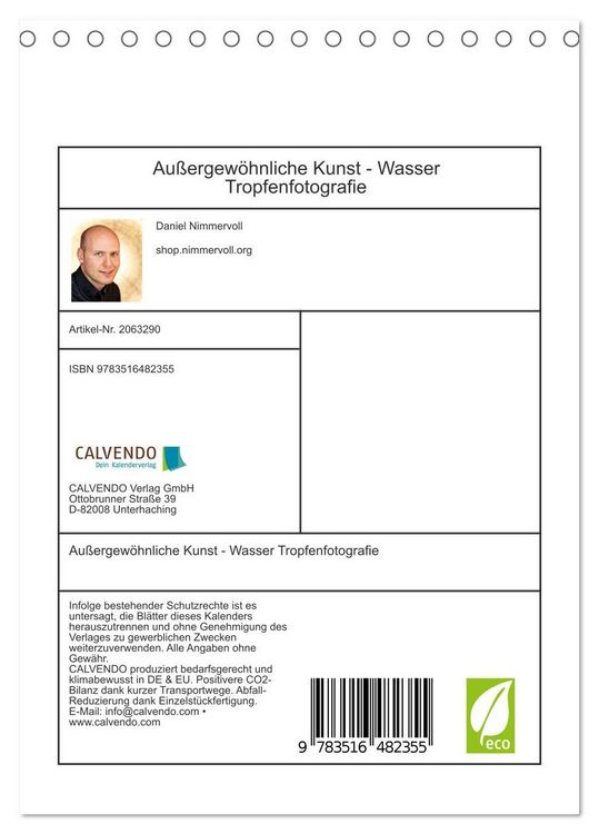 Produktbild: Au&szlig;ergew&ouml;hnliche Kunst - Wasser Tropfenfotografie (Tischkalender 2026 DIN A5 hoch), CALVENDO Monatskalender