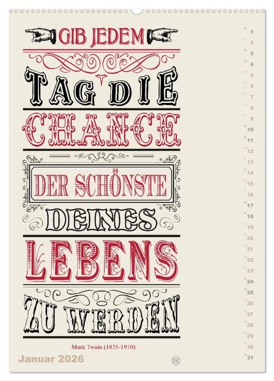 Produktbild: Die sch&ouml;nsten Lebensweisheiten Typo - Kalender (Wandkalender 2026 DIN A2 hoch), CALVENDO Monatskalender