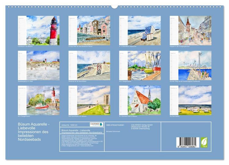 Produktbild: B&uuml;sum Aquarelle - Liebevolle Impressionen des beliebten Nordseebads (hochwertiger Premium Wandkalender 2026 DIN A2 quer), Kunstdruck in Hochglanz