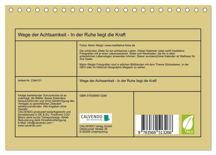 Produktbild: Wege der Achtsamkeit - In der Ruhe liegt die Kraft (Tischkalender 2027 DIN A5 quer), CALVENDO Monatskalender