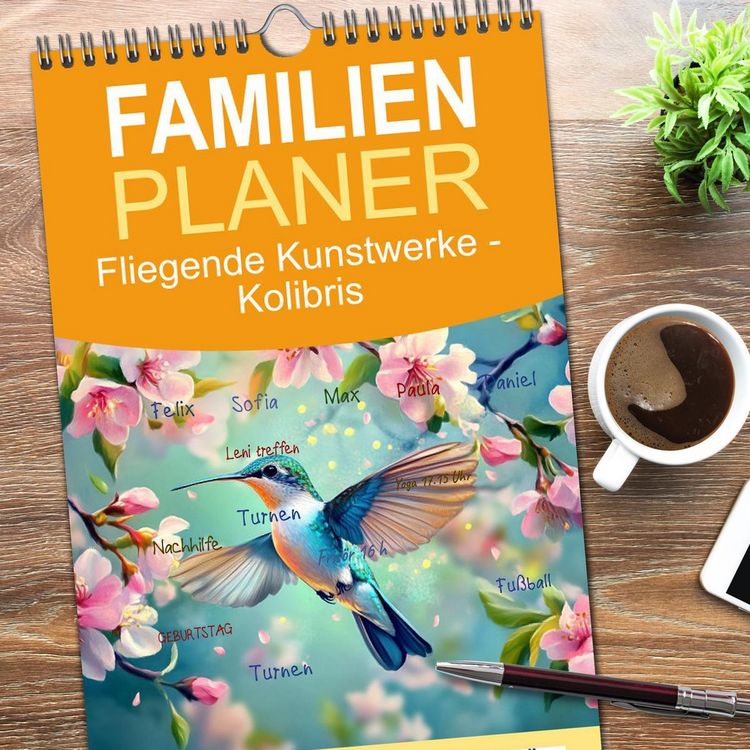 Produktbild: Familienplaner 2026 - Fliegende Kunstwerke - Kolibris mit 5 Spalten (Wandkalender, 21 x 45 cm) CALVENDO