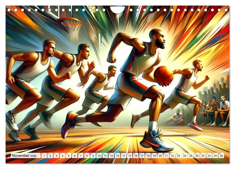 Produktbild: Basketball Expressionismus - Kunstvolle KI Interpretationen des Courts (Wandkalender 2026 DIN A4 quer), CALVENDO Monatskalender