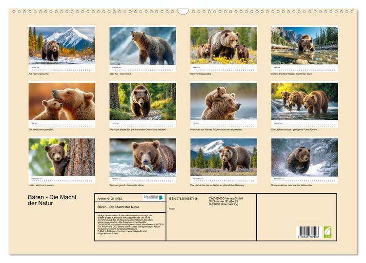Produktbild: B&auml;ren - Die Macht der Natur (Wandkalender 2026 DIN A2 quer), CALVENDO Monatskalender