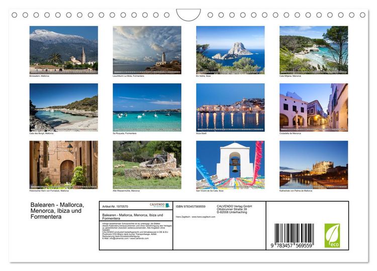 Produktbild: Balearen - Mallorca, Menorca, Ibiza und Formentera (Wandkalender 2026 DIN A4 quer), CALVENDO Monatskalender