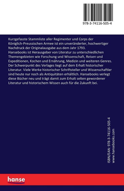 Produktbild: Kurzgefasste Stammliste aller Regimenter und Corps der K&ouml;niglich-Preussischen Armee