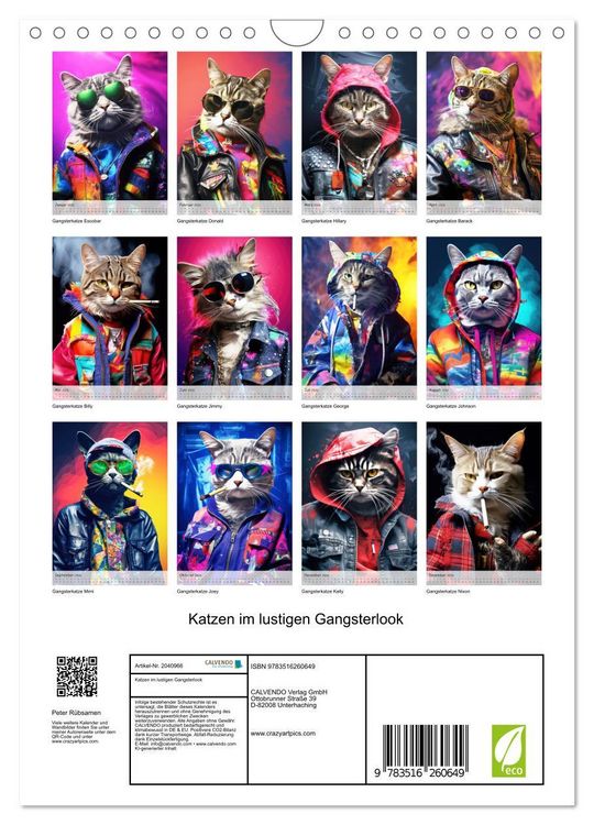 Produktbild: Katzen im lustigen Gangsterlook (Wandkalender 2026 DIN A4 hoch), CALVENDO Monatskalender