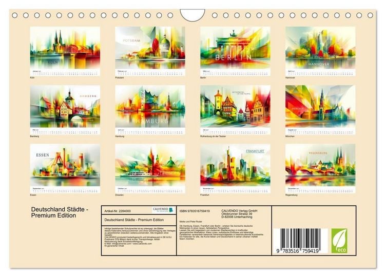 Produktbild: Deutschland St&auml;dte - Premium Edition (Wandkalender 2027 DIN A4 quer), CALVENDO Monatskalender