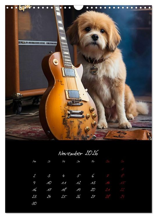 Produktbild: Gitarren und Hunde mit Herz (Wandkalender 2026 DIN A3 hoch), CALVENDO Monatskalender