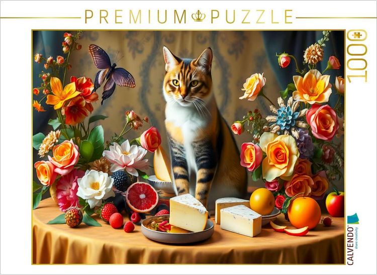 Produktbild: CALVENDO Puzzle Katze auf Tisch mit Blumen und Obst im Stil der Alten Meister | 1000 Teile Lege-Gr&ouml;&szlig;e 64x48cm Foto-Puzzle f&uuml;r gl&uuml;ckliche Stunden