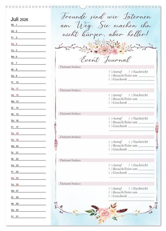 Produktbild: Geburtstagsplaner Boho Blau - F&uuml;r Termine, Geschenke, Eventdetails & mehr (Wandkalender 2026 DIN A2 hoch), CALVENDO Monatskalender
