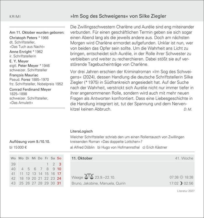 Produktbild: Literatur Tagesabrei&szlig;kalender 2027 - Kulturkalender - Autoren, Werke, H&ouml;rb&uuml;cher