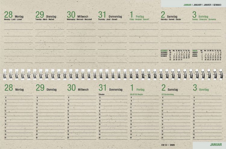 Produktbild: Tischquerkalender 1W/2S Graspapier 2027