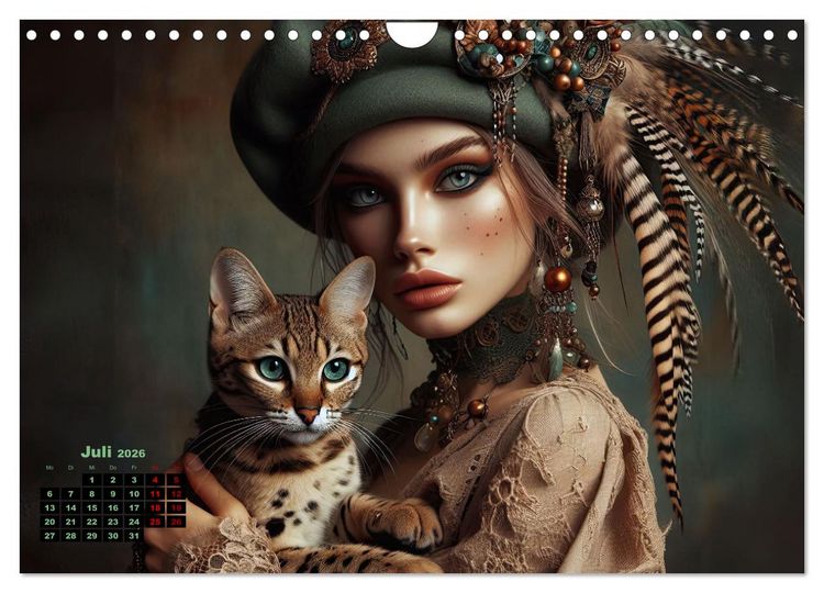 Produktbild: Luxuri&ouml;ser Bohemian Flair - Elegante Frauen mit anmutigen Katzen (Wandkalender 2026 DIN A4 quer), CALVENDO Monatskalender