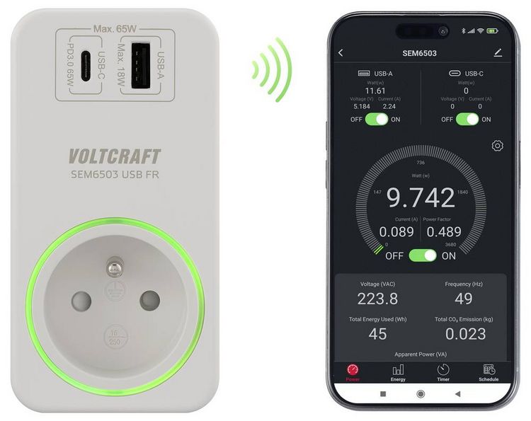 Produktbild: VOLTCRAFT SEM6503 FR Energiekosten-Messger&auml;t USB-Schnittstelle, inkl. Funksteckdose, Datenexport, Datenloggerfunktion