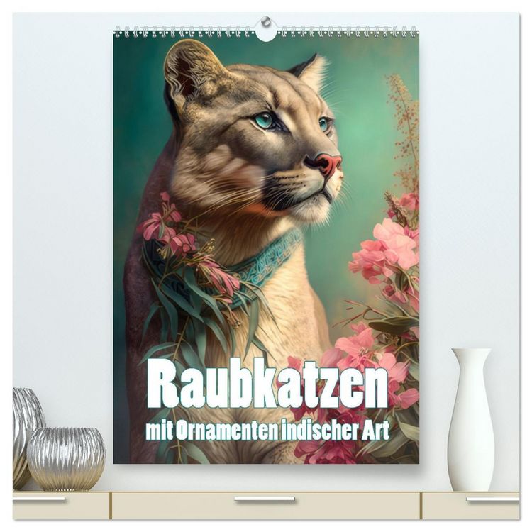 Produktbild: Raubkatzen mit Ornamenten indischer Art (hochwertiger Premium Wandkalender 2026 DIN A2 hoch), Kunstdruck in Hochglanz
