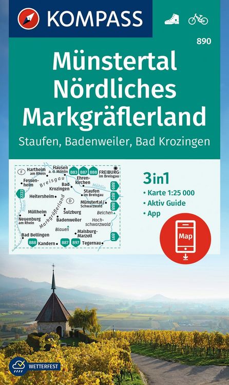 Produktbild: KOMPASS Wanderkarte 890 M&uuml;nstertal, N&ouml;rdliches Markgr&auml;flerland, Staufen, Badenweiler, Bad Krozingen 1:25.000