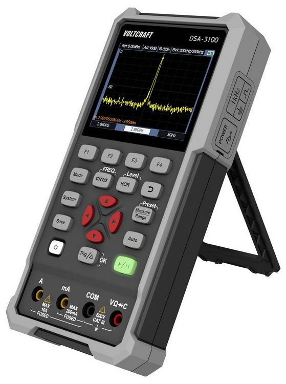 Produktbild: VOLTCRAFT DSA-3100 Hand-Oszilloskop 100 MHz 2-Kanal 500 MSa/s 8 kpts 8 Bit Handger&auml;t, Multimeter-Funktionen, Spectrum-Analyser 1 St.