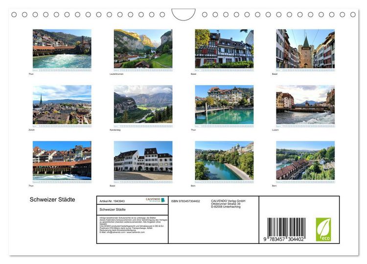 Produktbild: Schweizer St&auml;dte (Wandkalender 2026 DIN A4 quer), CALVENDO Monatskalender