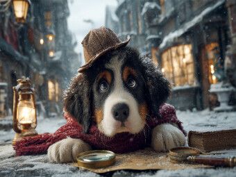 Produktbild: CALVENDO Puzzle Berner Sennenhund als Detektiv im verschneiten Altstadtviertel | 1000 Teile Lege-Gr&ouml;&szlig;e 64x48cm Foto-Puzzle f&uuml;r gl&uuml;ckliche Stunden