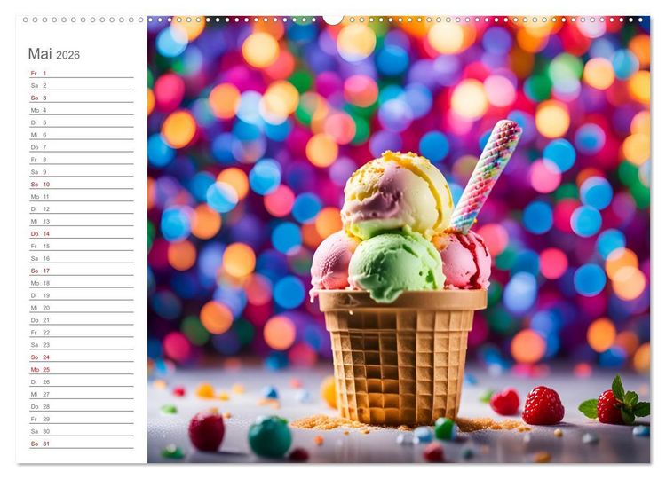 Produktbild: K&ouml;stliche Versuchung - Der zuckers&uuml;&szlig;e Eiscreme Geburtstagskalender mit erfrischenden KI Eisgen&uuml;ssen (Wandkalender 2026 DIN A2 quer), CALVENDO Monatskalender
