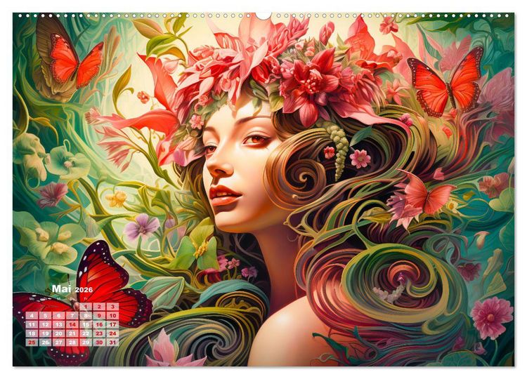 Produktbild: Bl&uuml;tenzauber - Farbenfrohe Illustrationen der G&ouml;ttin Flora (hochwertiger Premium Wandkalender 2026 DIN A2 quer), Kunstdruck in Hochglanz