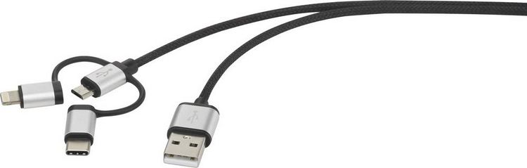 Produktbild: Renkforce USB-Kabel USB 2.0 USB-A Stecker, USB-C&reg; Stecker, USB-Micro-B Stecker, Apple Lightning Stecker 0.25 m Dunkelgrau gesleeved RF-3335106