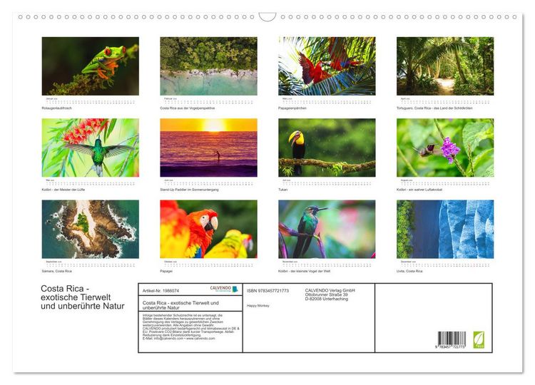 Produktbild: Costa Rica - exotische Tierwelt und unber&uuml;hrte Natur (Wandkalender 2026 DIN A2 quer), CALVENDO Monatskalender