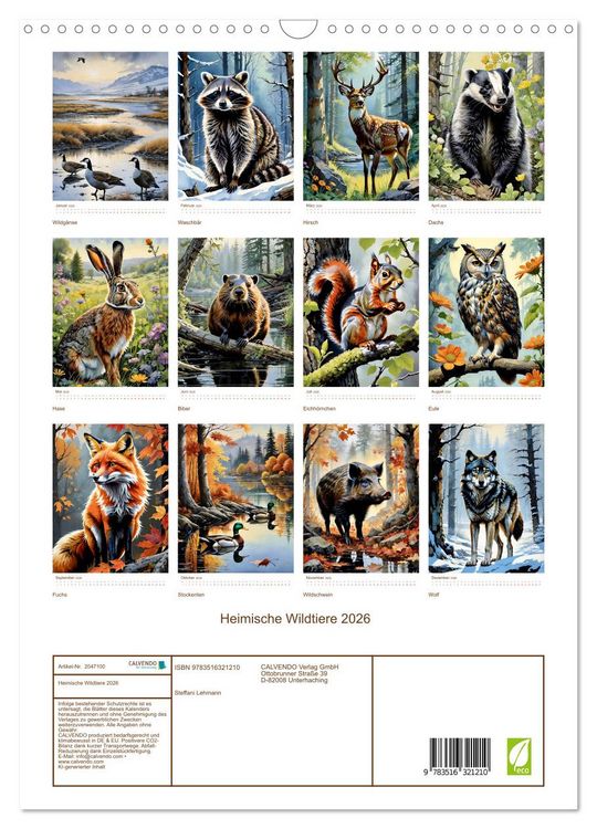 Produktbild: Heimische Wildtiere 2026 (Wandkalender 2026 DIN A3 hoch), CALVENDO Monatskalender