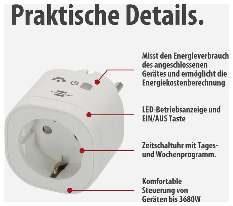 Produktbild: Brennenstuhl 1294880 Wi-Fi Smarte WLAN-Steckdose Innenbereich, Steckdose 3680W
