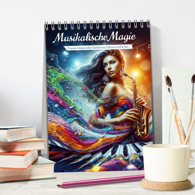 Produktbild: Musikalische Magie &ndash; Frauen in klangvollen Kleidern aus Noten und Farbe (Tischkalender 2026 DIN A5 hoch), CALVENDO Monatskalender
