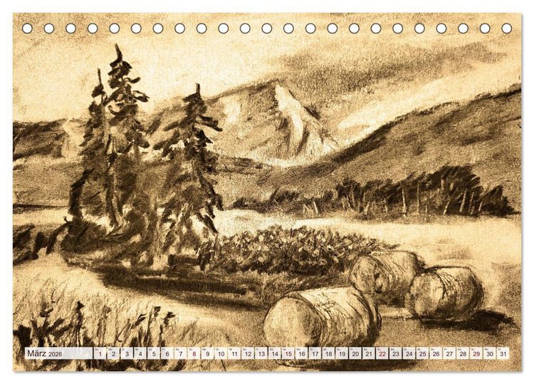 Produktbild: Pausen f&uuml;r deine Seele - Seelenlandschaften in Sepia - Ein Jahr der Ruhe mit Kohlezeichnungen (Tischkalender 2026 DIN A5 quer), CALVENDO Monatskalender