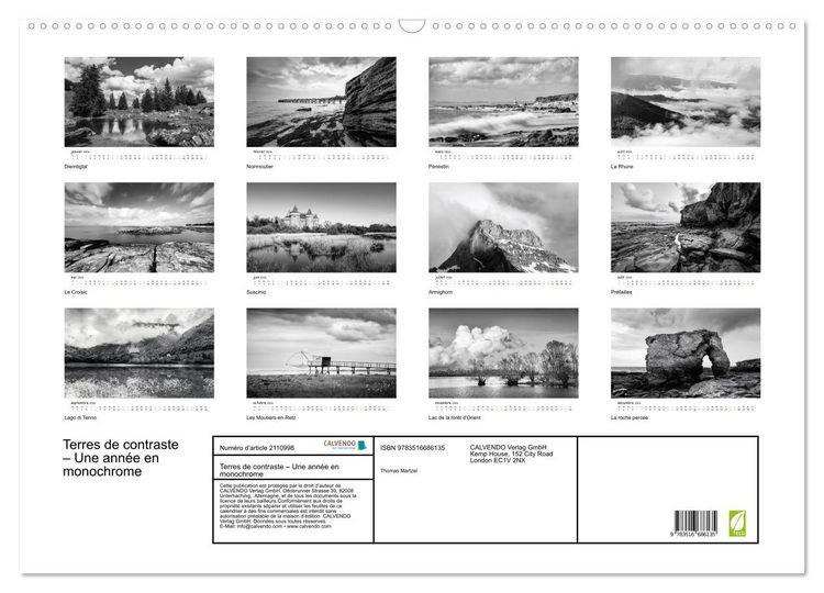 Produktbild: Terres de contraste &ndash; Une ann&eacute;e en monochrome (Calendrier mural 2026 DIN A2 vertical), CALVENDO calendrier mensuel